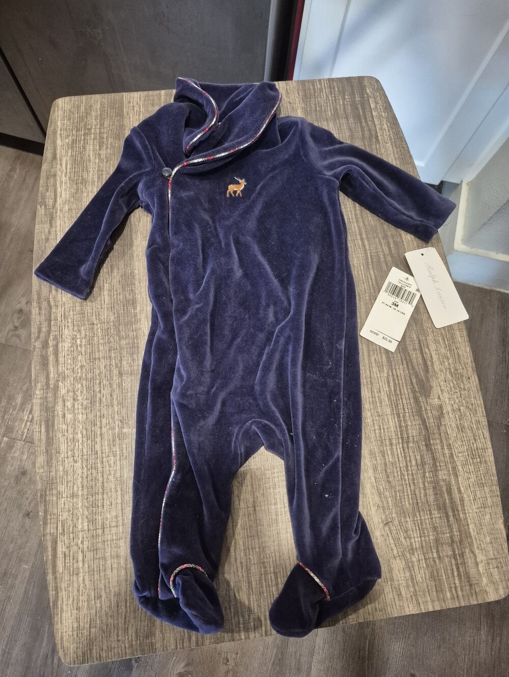 Ralph Lauren Baby Velour Footie Sleeper One Piece Navy Deer Plaid Trim NWT 3M